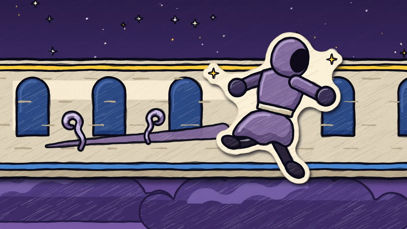 A hooded wizard sprinting along a castle wall
