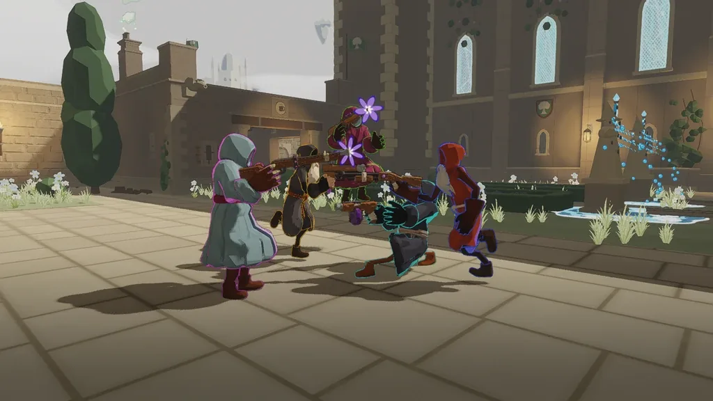 Wizards fighting in a castle courtyard