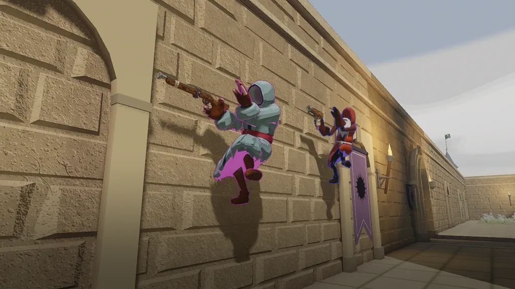 Two wizards wall-running along a castle wall
